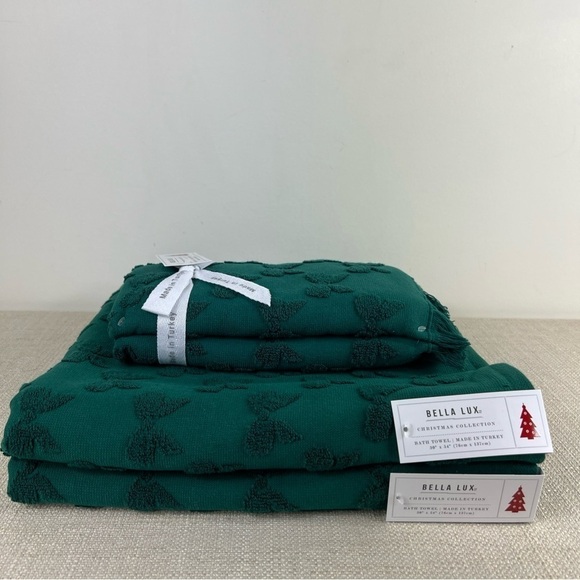 Bella Lux Bathroom Towel Set Christmas Collection Green Bows Cotton Set of 4 NEW - Picture 1 of 11
